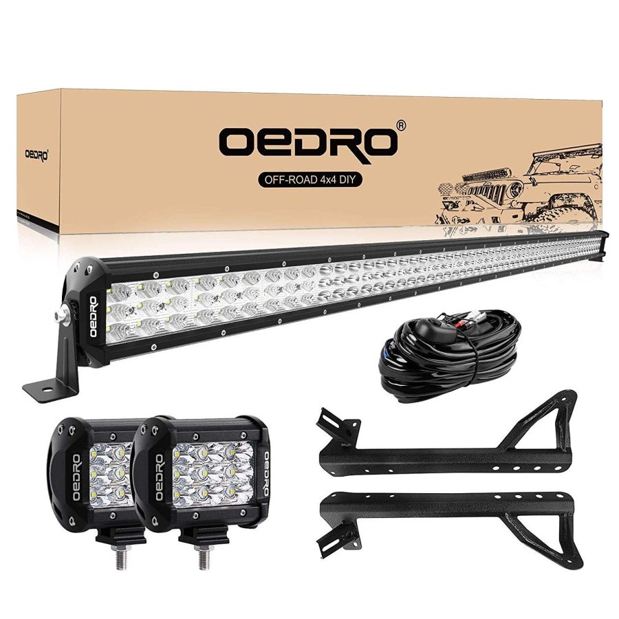 OEDRO? 52" 758W Tri-Row LED Light Bar for 2007-2018 Jeep Wrangler JK & 2pcs 4" 27W Light Pod + Wiring Harness