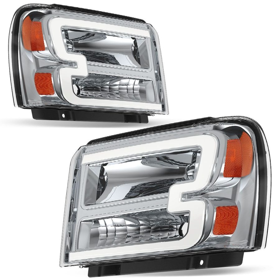 OEDRO? Headlights Assembly for 2005-2007 Ford F250 F350 F450 F550 Super Duty, Chrome Housing DRL Clear Lens