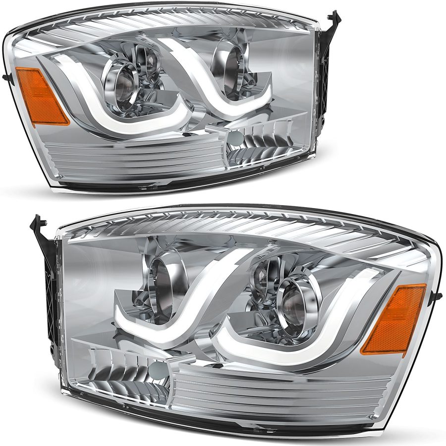 OEDRO? Headlights Assembly for 2006-2009 Dodge Ram 1500 2500 3500, Chrome Housing LED DRL Tube Amber Reflector