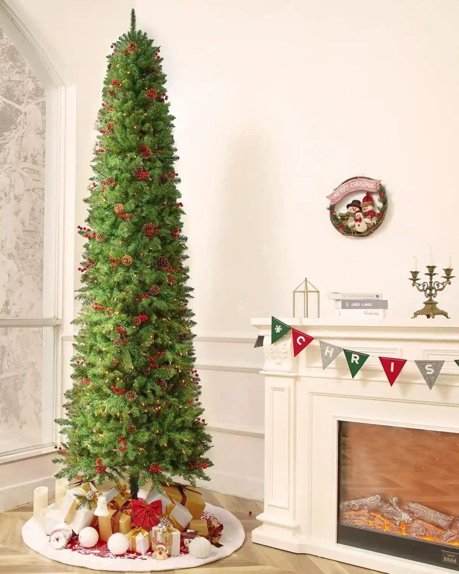 OasisCraft Pre-Lit Slim Christmas Tree with Lights - 9FT