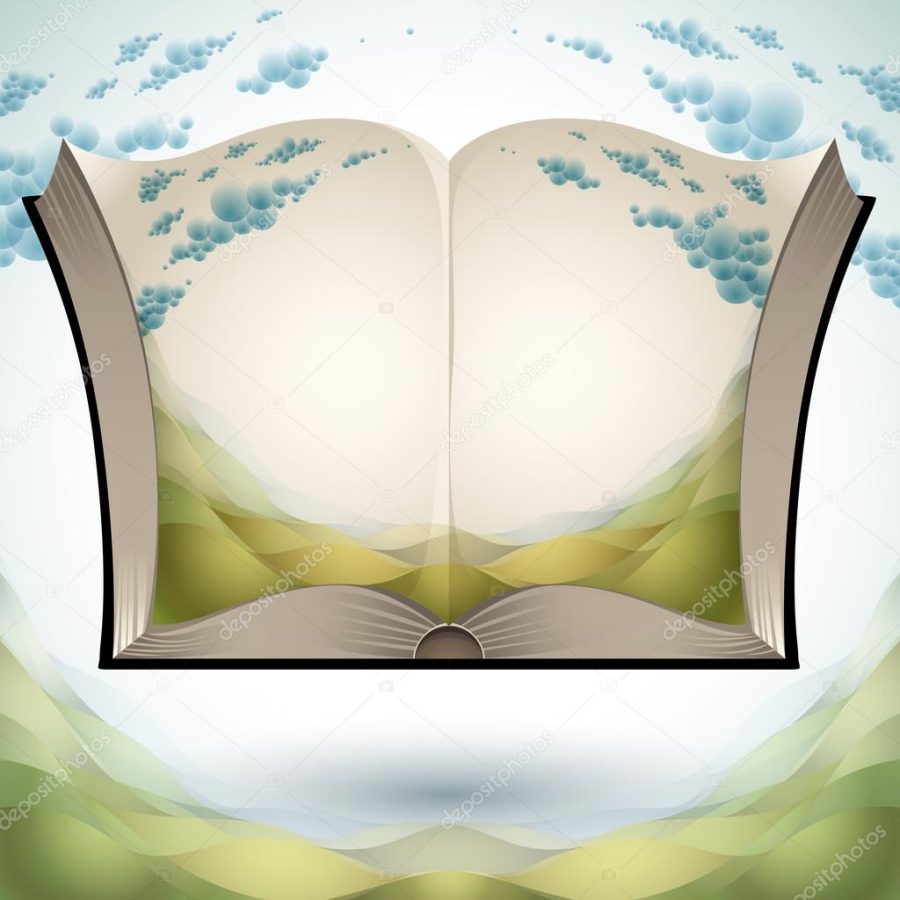 Open book with nature landscape.