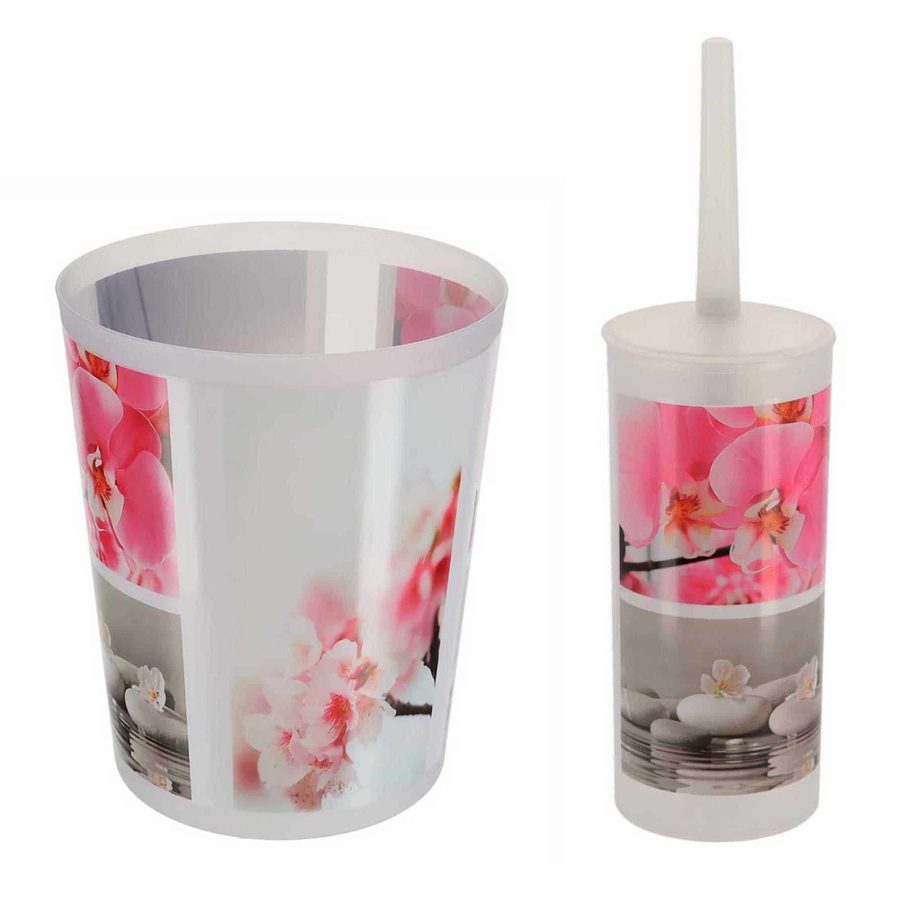 Orchid Bathroom Accessory Set - Decorative Plastic Waste Basket and Toilet Brush