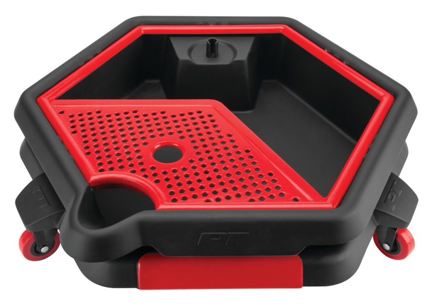 PERFORM TOOL W4074 2 IN 1 DRAIN PAN TOOL CADDY, 2 In 1; 8 Liter Capacity; 18-1/2 Inch Wide Hexagon; 5-3/8 Inch Height; Black/ Red; Polypropylene; Without Handle; With Mobile Tool Caddy; Used When Changing Oil/ Separately Keeping Your Tools Organized