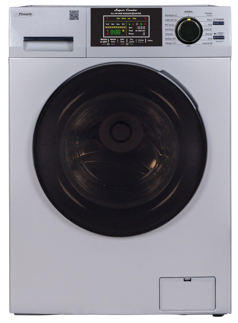 PINNACLE 23-4800 V SILVER COMBO WASHER DRYER VENTED SILVER, Front Load; 26 Inch Width x 36 Inch Height x 25 Inch Depth; Silver; 15 Pound Maximum Load Capacity; 10 Wash Cycles And 3 Dry Cycles; Vented Drying System; 15 Amp/ 110 Volt; 1400 RPM