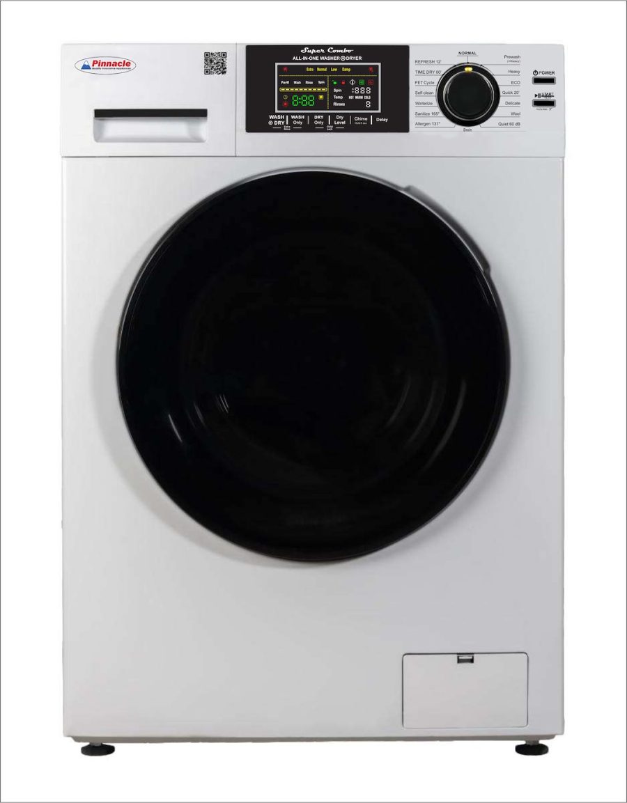 PINNACLE 23-4800 V WHITE COMBO WASHER DRYER VENTED WHITE, Front Load; 26 Inch Width x 36 Inch Height x 25 Inch Depth; White; 15 Pound Maximum Load Capacity; 10 Wash Cycles And 3 Dry Cycles; Vented Drying System; 15 Amp/ 110 Volt; 1400 RPM