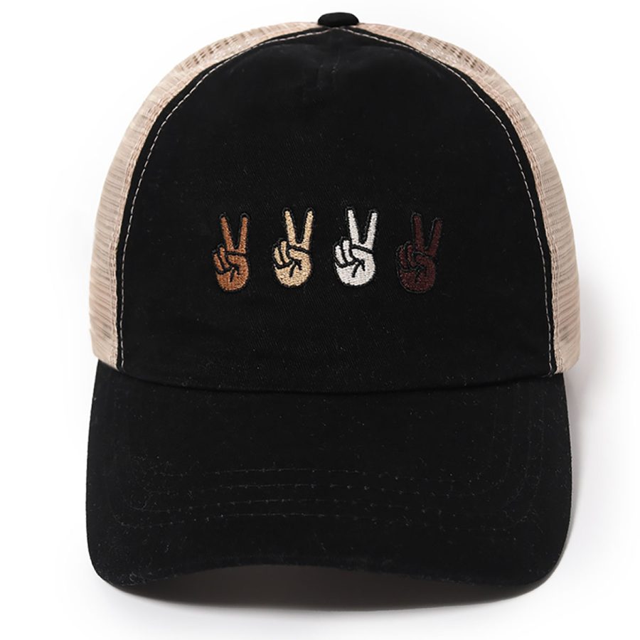 Peace Sign Mesh Back Ponyflo Baseball Cap - Black/1SFM