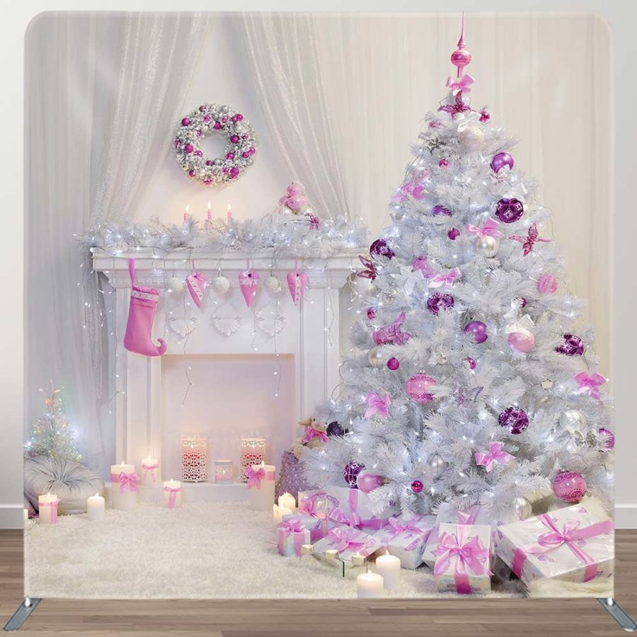 Pink Fireplace Christmas Tension Fabric Backdrop - Aperturee