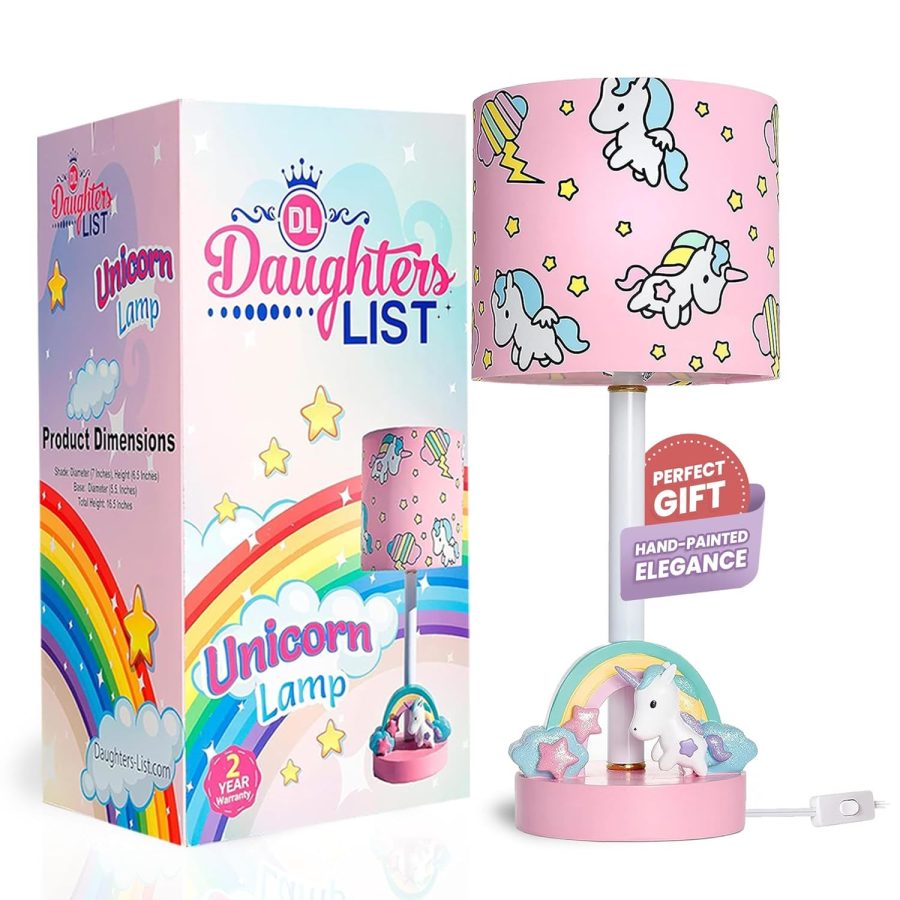 Pink Unicorn Rainbow Lamp - Handpainted Led Nightstand Light For Girls Bedroom -