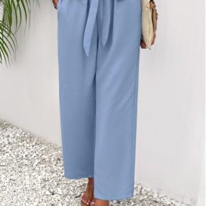 Pocket Elastic Waist High Waisted Dusty Blue Pants