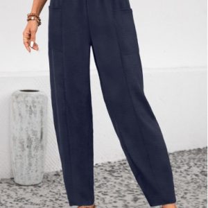 Pocket Navy Elastic Waist High Waisted Pants