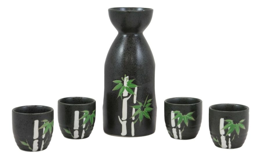 Porcelain Green Bamboo Silhouette Japanese Sake Rice Wine Flask And 4 Cups Set