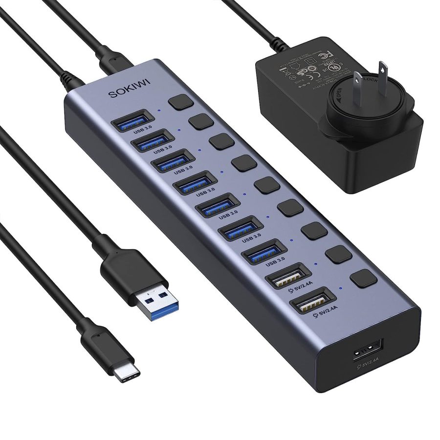 Powered Usb 3.0 Hub, 10 Ports Usb Hub Splitter(7 Data Transfer Ports+ 3 Smart Ch