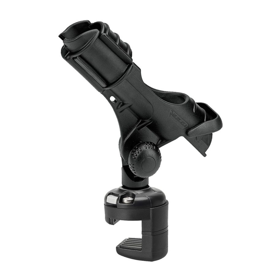 RAILBLAZA 08-0106-11 ROD HOLDER II W/PONTOON BOAT RAILMO, Track Mount; Holds Single Rod; Compatible With Aluminum Track Boat Gunnels; Black; UV Stabilized Fiberglass Reinforced Plastic; With Pontoon Boat Rail Mount Combo