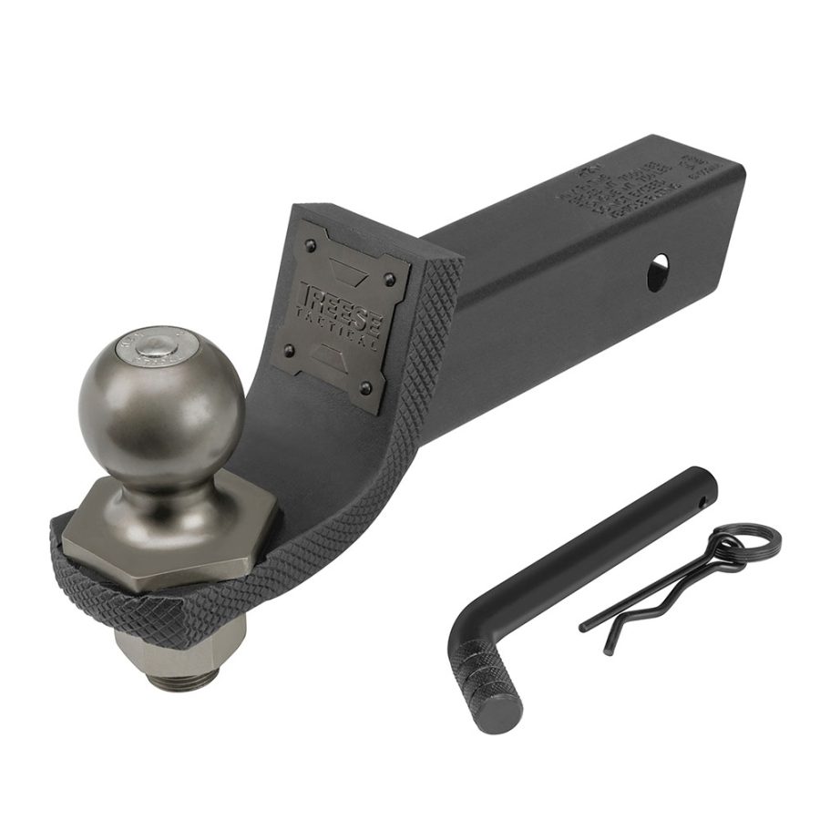 REESE 7092400 INTERLOCK TACTICAL TRAILER HITCH, Class IV; Fits 2 Inch Receiver; 7500 Pound Gross Trailer Weight/ 600 Pound Tongue Weight; 2 Inch Drop/ 3/4 Inch Rise; Non-Swivel; Non-Extendable; With 2 Inch Ball; Power Coated; Black; Includes Pin