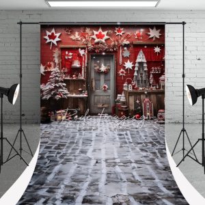 Red Christmas House Maple Leaf Portrait Backdrop - Aperturee