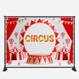 Red Curtain Circus Light Sign Birthday Backdrop - Aperturee