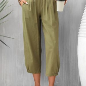 Regular Pocket Olive Green Elastic Waist Pants