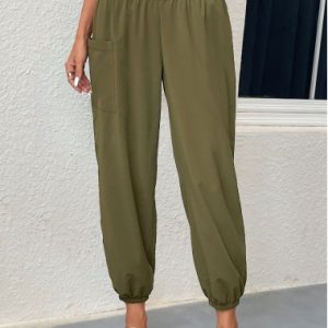 Regular Smocked Blackish Green Elastic Waist Pants