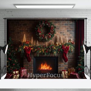 Retro Brick Wall Fireplace Wreath Christmas Backdrop - Aperturee