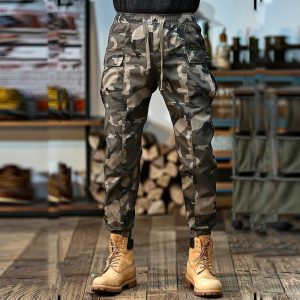 Retro Camouflage Workwear Elastic Waist Slim Fit Thin Pants