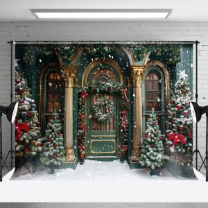 Retro Green Gold Door Trees Snow Christmas Backdrop