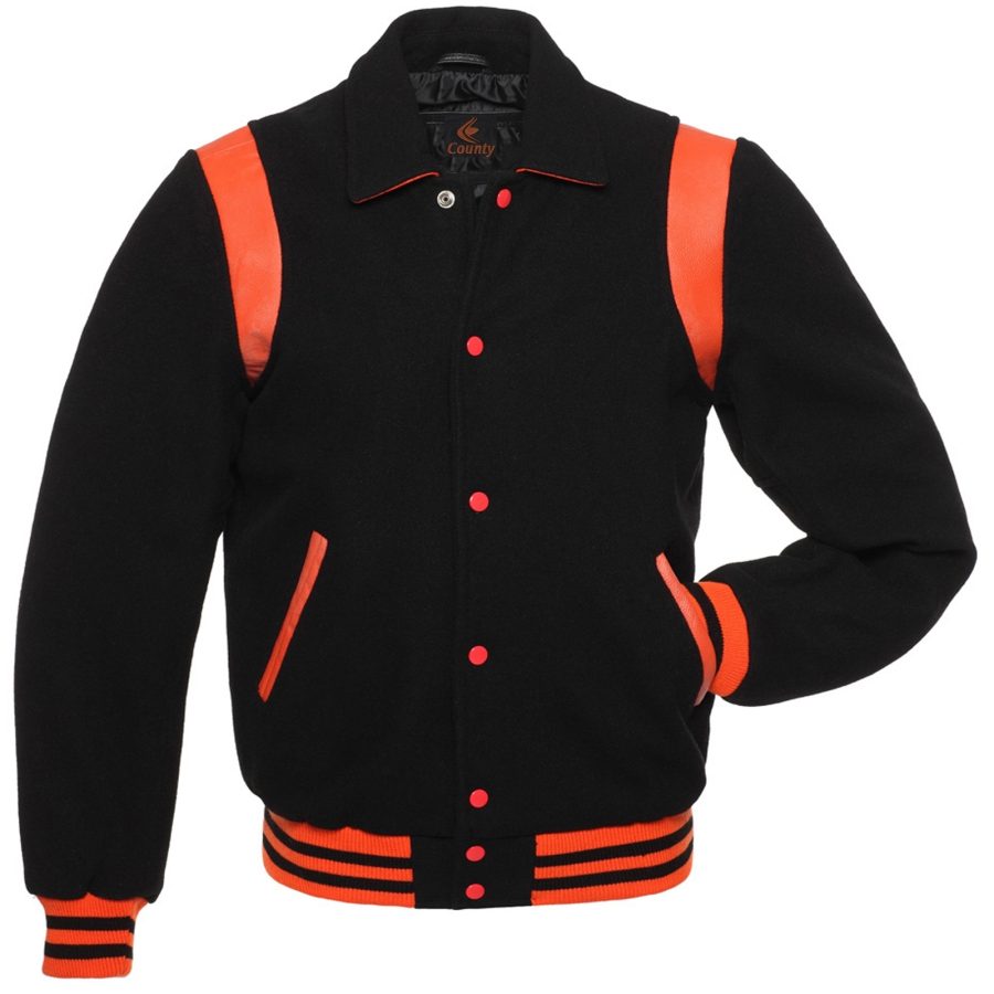 Retro Jacket Varsity Jacket Letterman Jacket Black Body Orange Leather Inserts