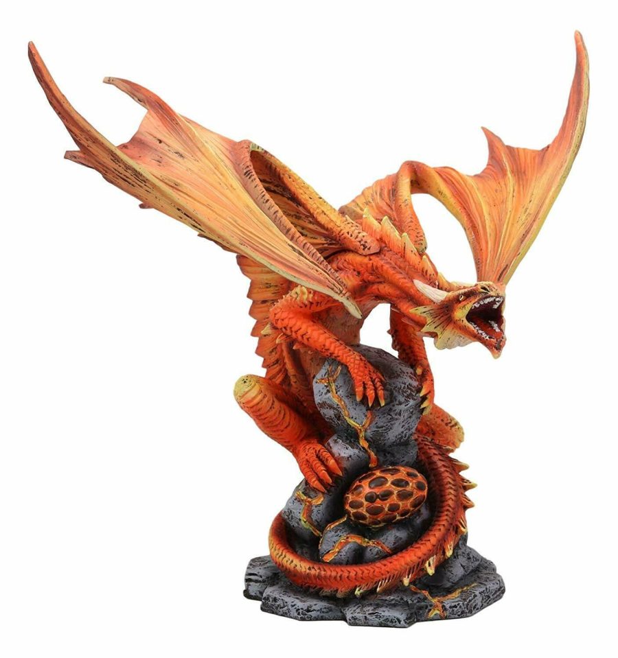 Roaring Red Phoenix Fire Dragon Guarding Egg Hatchling Statue 10"H Anne Stokes