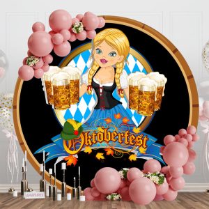 Round Wooden Wine Barrel Blonde Oktoberfest Backdrop