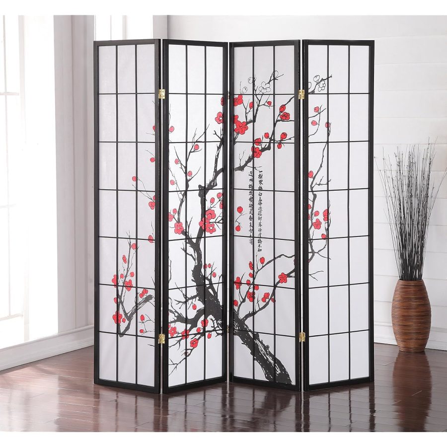 Roundhill Furniture Black Japanese 4-Panel Screen Room Divider, Plum Blossom