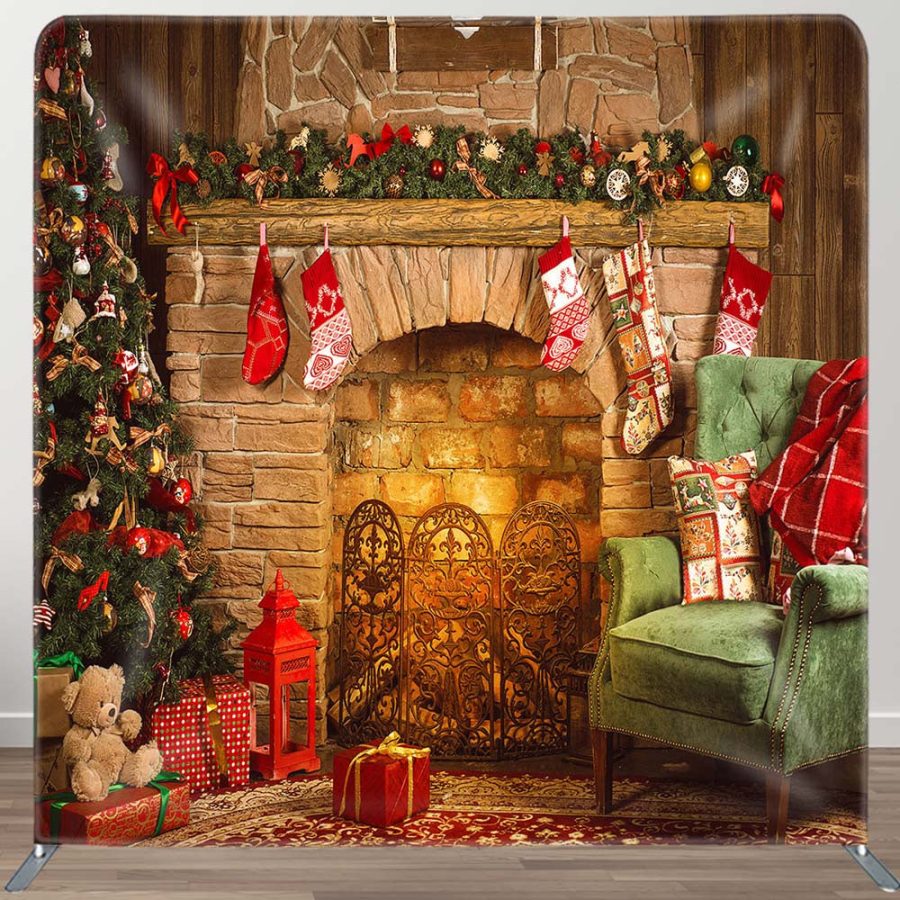 Rustic Fireplace Christmas Tension Fabric Backdrop - Aperturee