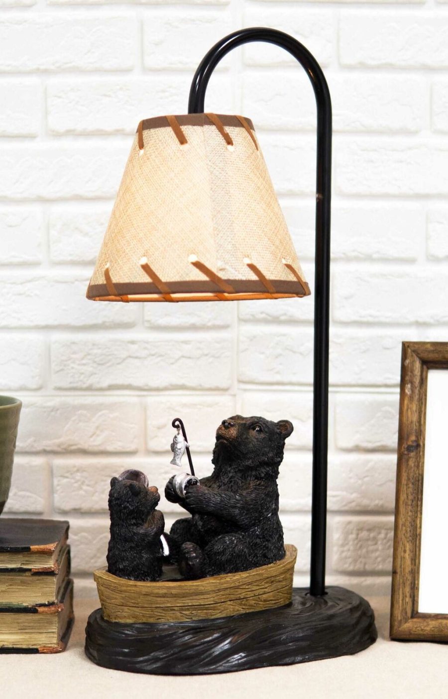 Rustic Forest Papa And Cub Black Bears Fishing From Canoe Boat Table Lamp Statue