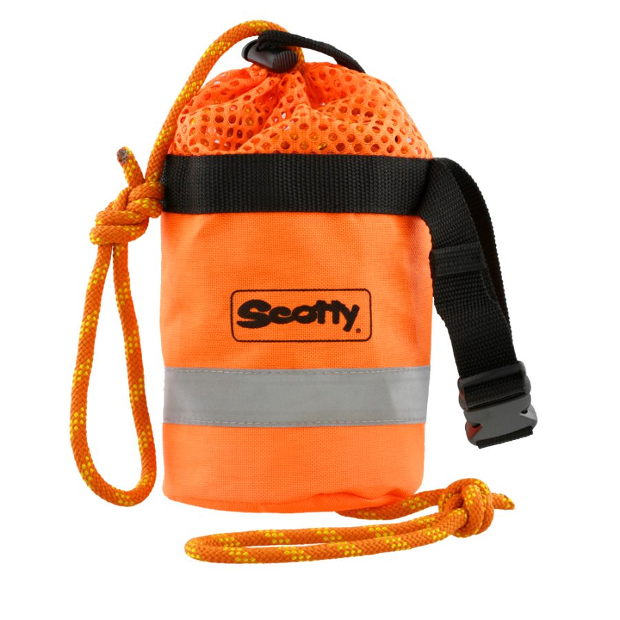 SCOTTY 0793 THROW BAG W/ 50 FT FLOATING MFP LIN, For Marine Use; 50 Foot Length x 9/32 Inch Diameter Rope; 550 Pound Capacity; Rescue Throw Bag With Adjustable Strap And 3M Reflective Exterior Safety Band; Bright Orange; Nylon And Polyester