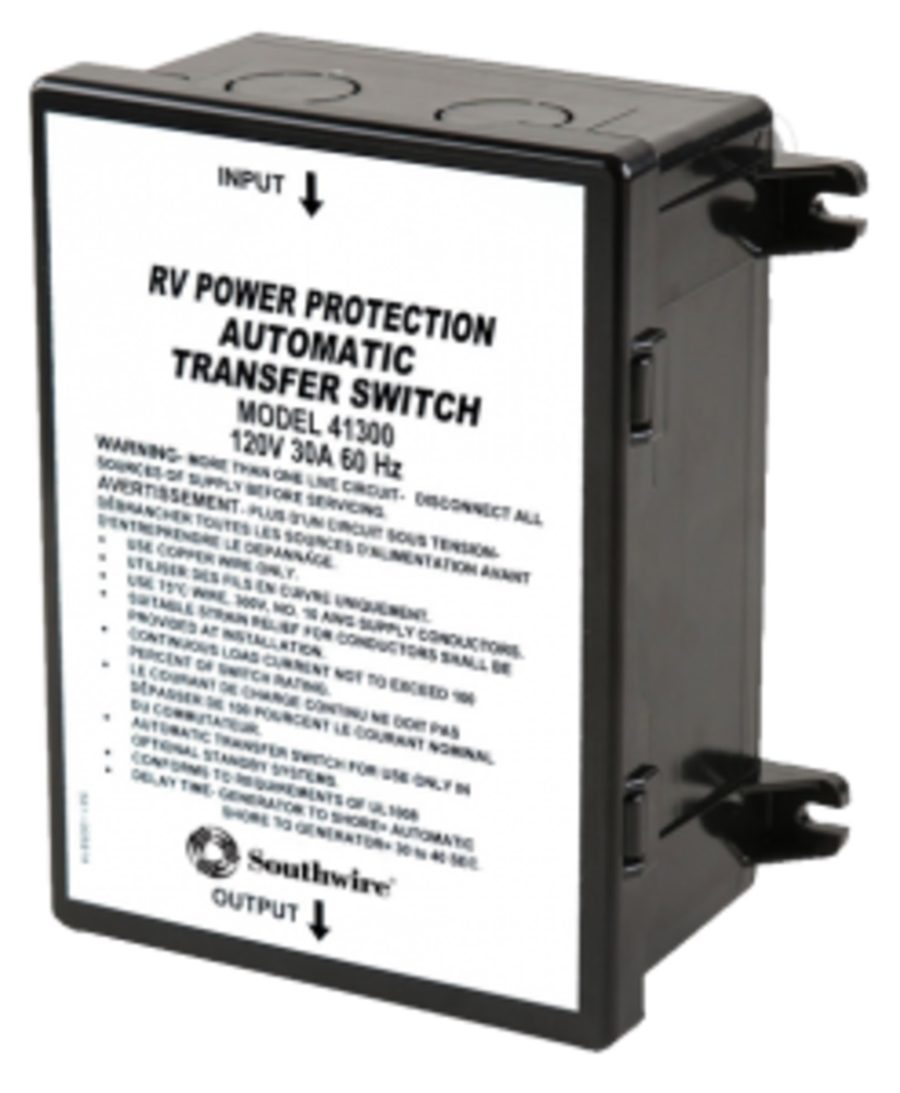 SOUTHWIRE 41300-001 BASIC 30A TRANSFER SWITCH, Transfer Power Between Shore And RV Generator; Automatic; 120 Volt; 30 Amp; Screw Terminal; 6-3/4 Inch Width x 7.62 Inch Height x 3.32 Inch Depth; Time Delay At Power Up