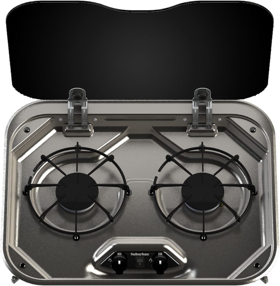 SUBURBAN 3333AST COOKTOP RANGE, Cooktop; Model SDS2; Stainless Steel; 16-3/8 Inch Width; Piezo Ignition; 5800 BTU Burners; 2 Burner; With Single Piece Grate Per Burner And Built-In Flush Mount Glass Cover