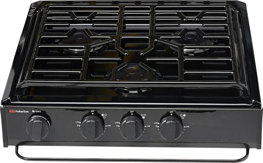 SUBURBAN 3631A SLIDE-IN COOKTOP 3-BURNER SEALED, Cooktop; Model SCS3BEZ; Black; 22.682 Inch Width x 5.182 Inch Height x 21-5/8 Inch Depth; Piezo Ignition; 9000 BTU Main Burners And Two 6500 BTU Rear Burners; 3 Sealed Burner