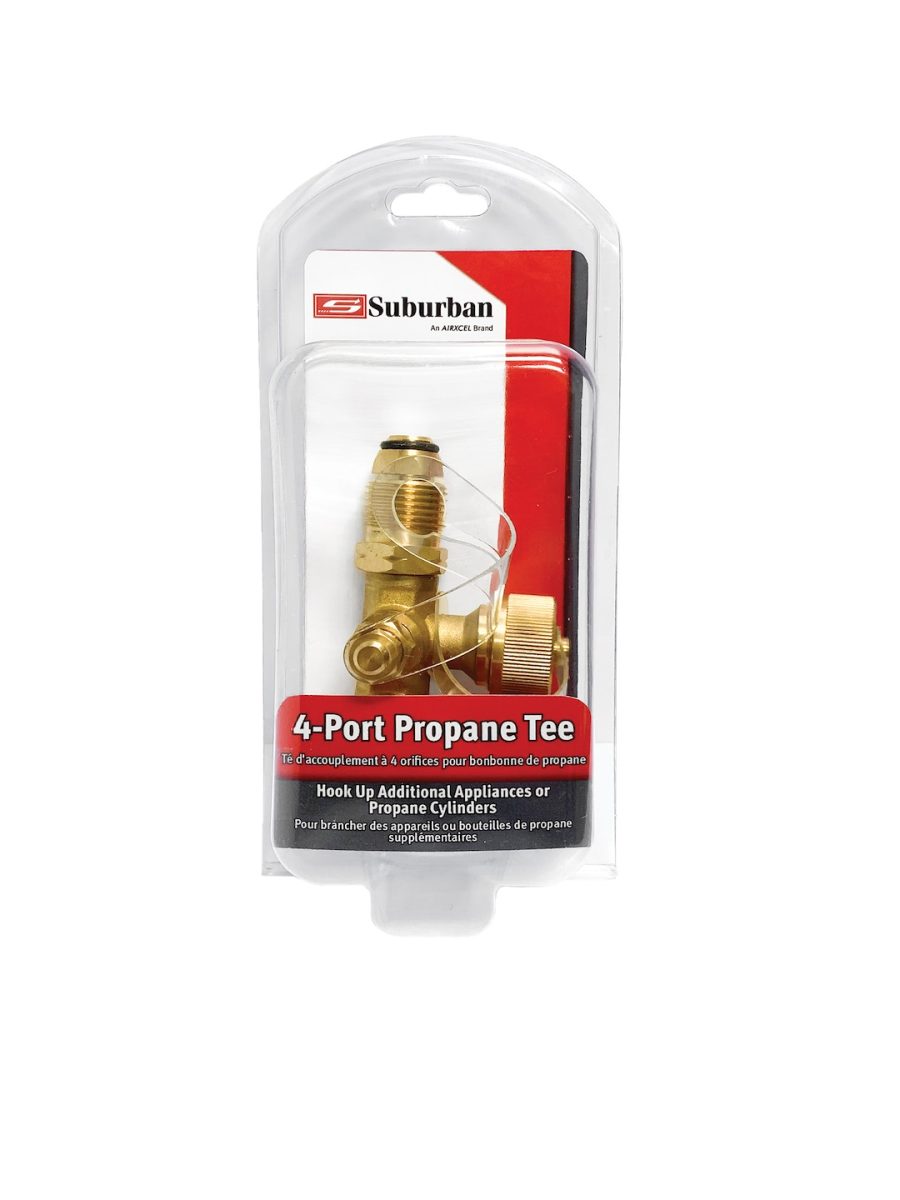 SUBURBAN LP-POLTEE 4-PORT PROPANE TEE-- INLET: FEMALE, T-Connection; 4 Port; Female POL 1/4 Inch Inverted Flare x 1 Inch Male Pipe Thread Excess Flow Soft Nose POL; Brass