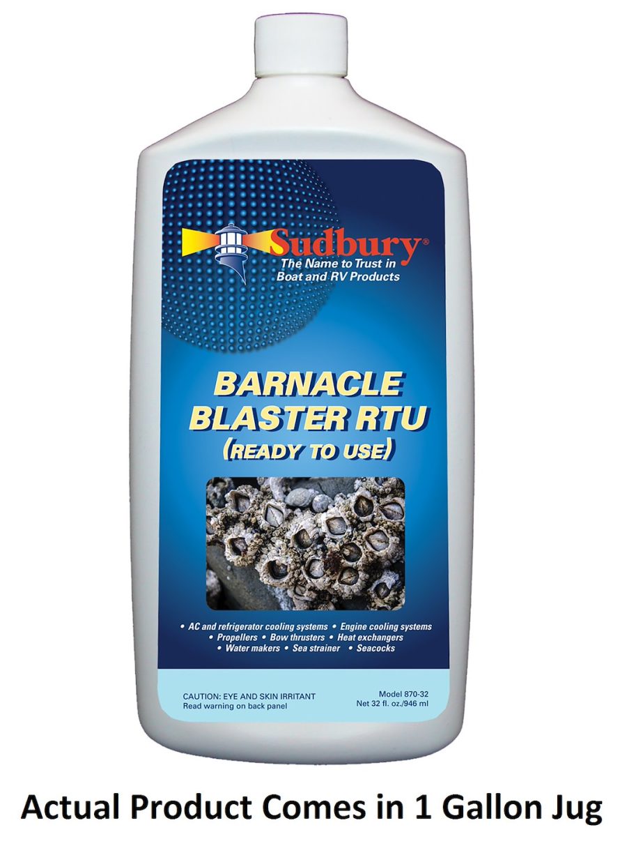 SUDBURY 870-128 BARNACLE BLASTER READY TO USE, Removes Barnacles From A/C And Refrigerator Cooling System/ Engine Cooling System/ Propellers/ Bow Thrusters/ Sea Strainers/ Heat Exchangers/ Water Makers/ Seacocks; Ready To Use; 1 Gallon Jug; Single