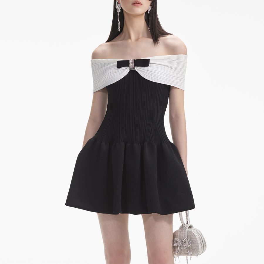 Self-Portrait Bow Ribbed-Knit Mini Dress - XS