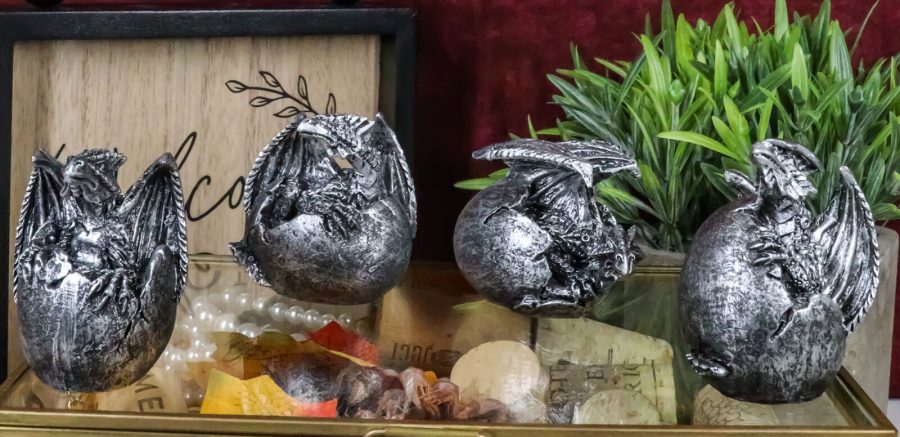 Set of 4 Silver Whimsical Wyrmling Baby Dragon Egg Hatchlings Mini Figurines