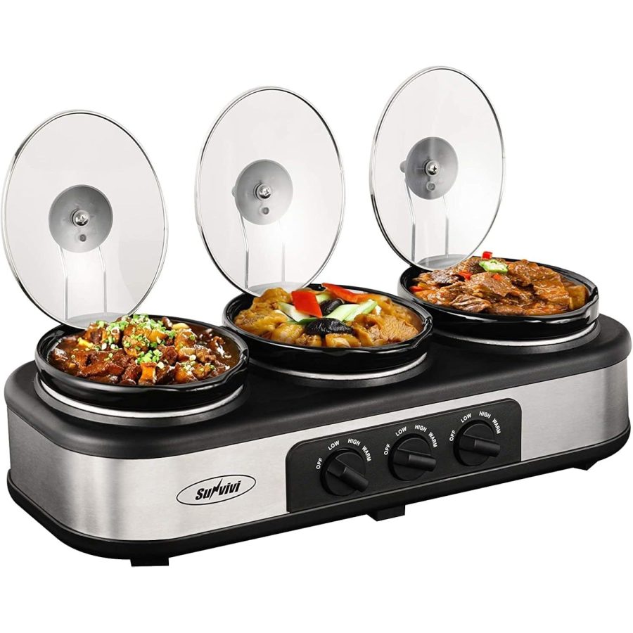 Slow Cooker, Triple Slow Cooker Buffet Server 3 Pot Food Warmer, 3-Section 1.5-Q