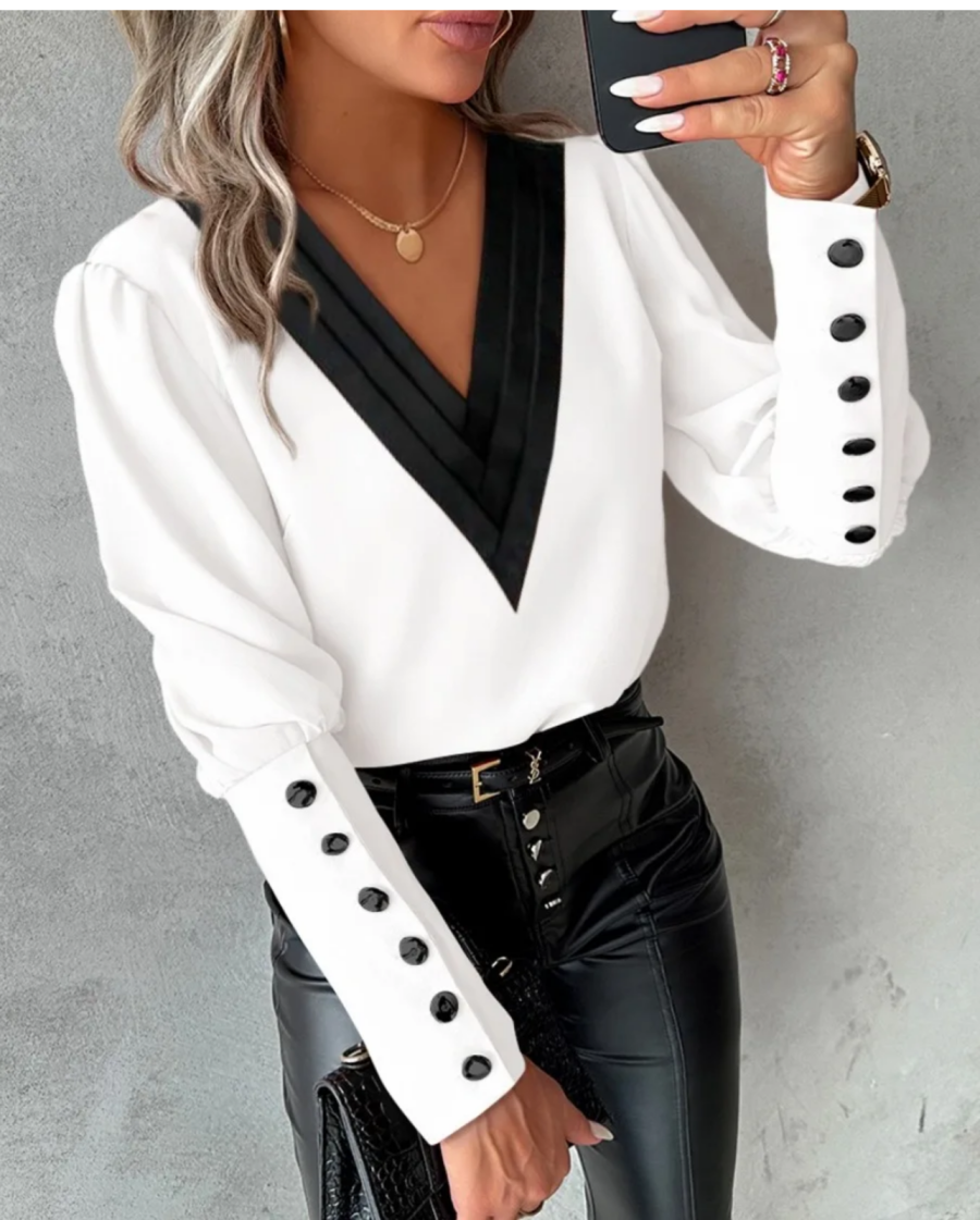 Spring Autumn Fashion V-neck Solid Color Long Sleeved Button Blouse Shirt