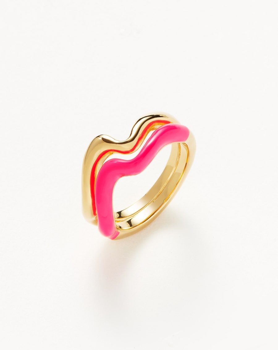 Squiggle Curve Two Tone Enamel Stacking Ring | 18k Gold Vermeil/Hot Pink