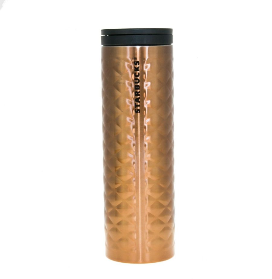 Starbucks Bronze Troy Quilted Line Skinny Stainless Steel Coffee Tumbler 16 OZ