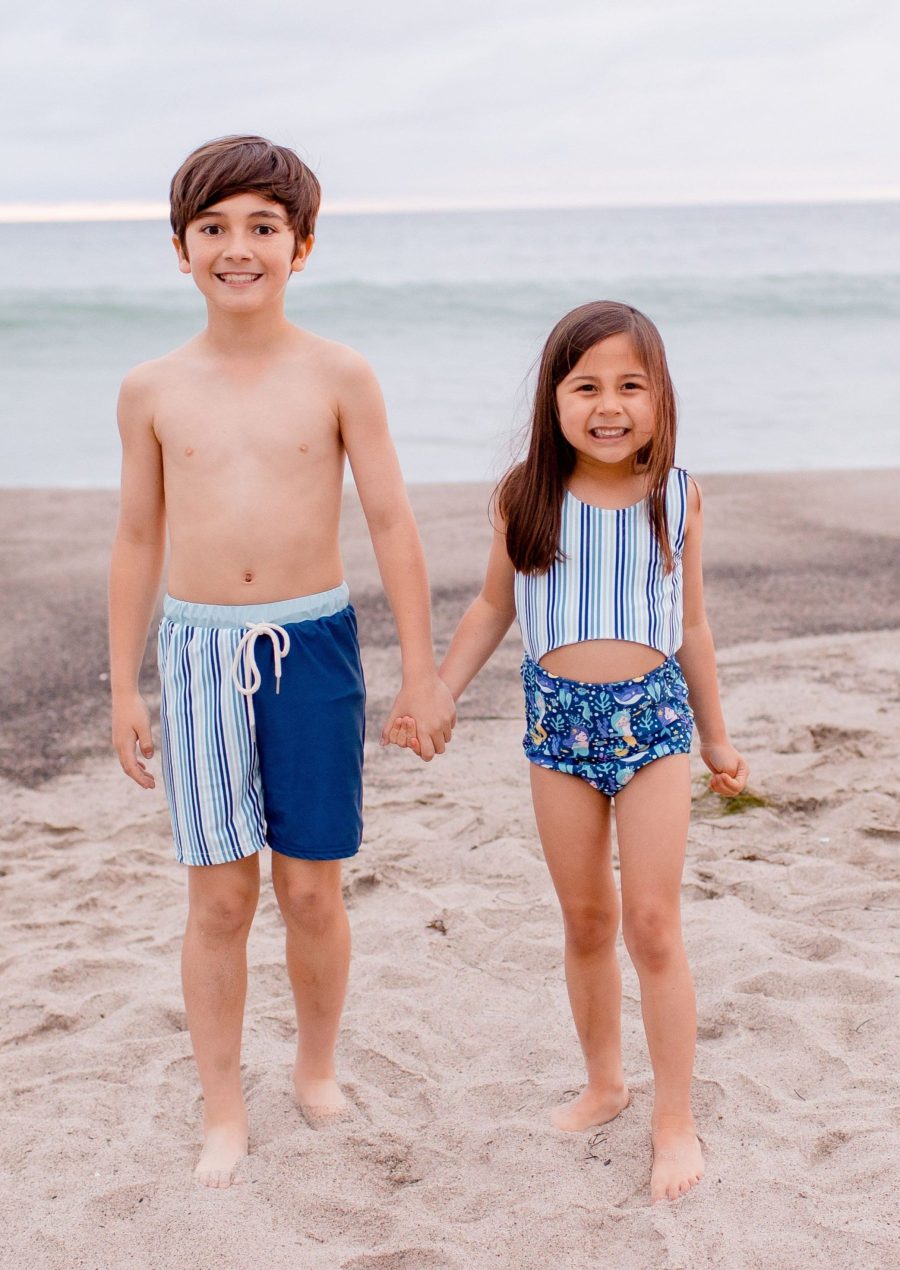 Striped blue Sibling matching swimsuits