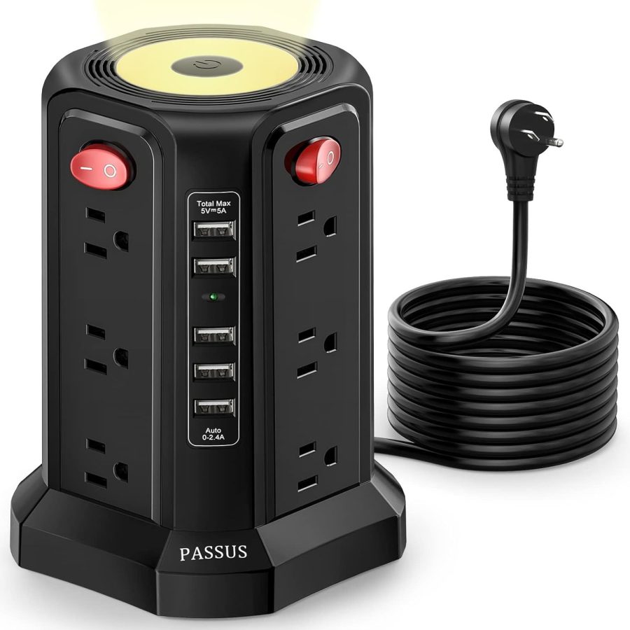 Surge Protector Power Strip Tower With 5 Usb Ports And Night Light, 10Ft Extensi