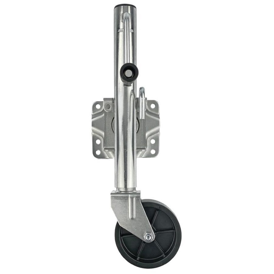 T-H MARINE BE-TR-59220-DP 1000 LB. SWIVEL TRAILER JACK, Offset Swing-Up Jack; 1000 Pound Load Capacity; 10 Inch Travel; 25-1/2 Inch Lift; Zinc Plated; Fits 3/ 4/ 5 Inch Trailer Tongues; 6 Inch Diameter x 2 Inch Width Wheel; Corrosion Resistant