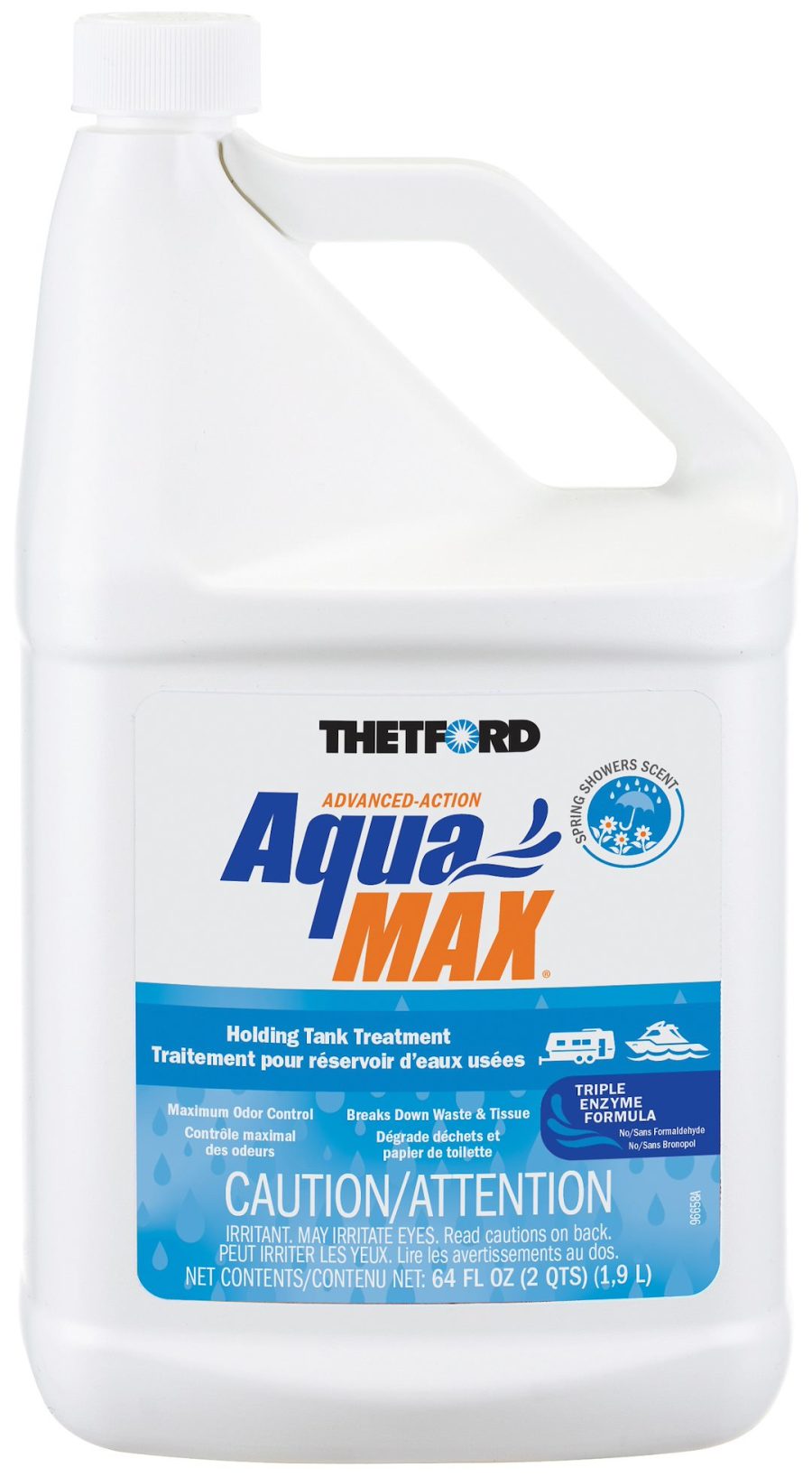 THETFORD 96636 AQUAMAX SPRING SHOWERS 64OZ BOTTLE, Biological Treatment Used To Break Down Waste And Tissue; Without Formaldehyde Or Bronopol; With Spring Showers Deodorant; Without Lubricant; Treats 40 Gallon Holding Tank; 64 Ounce Bottle; Single