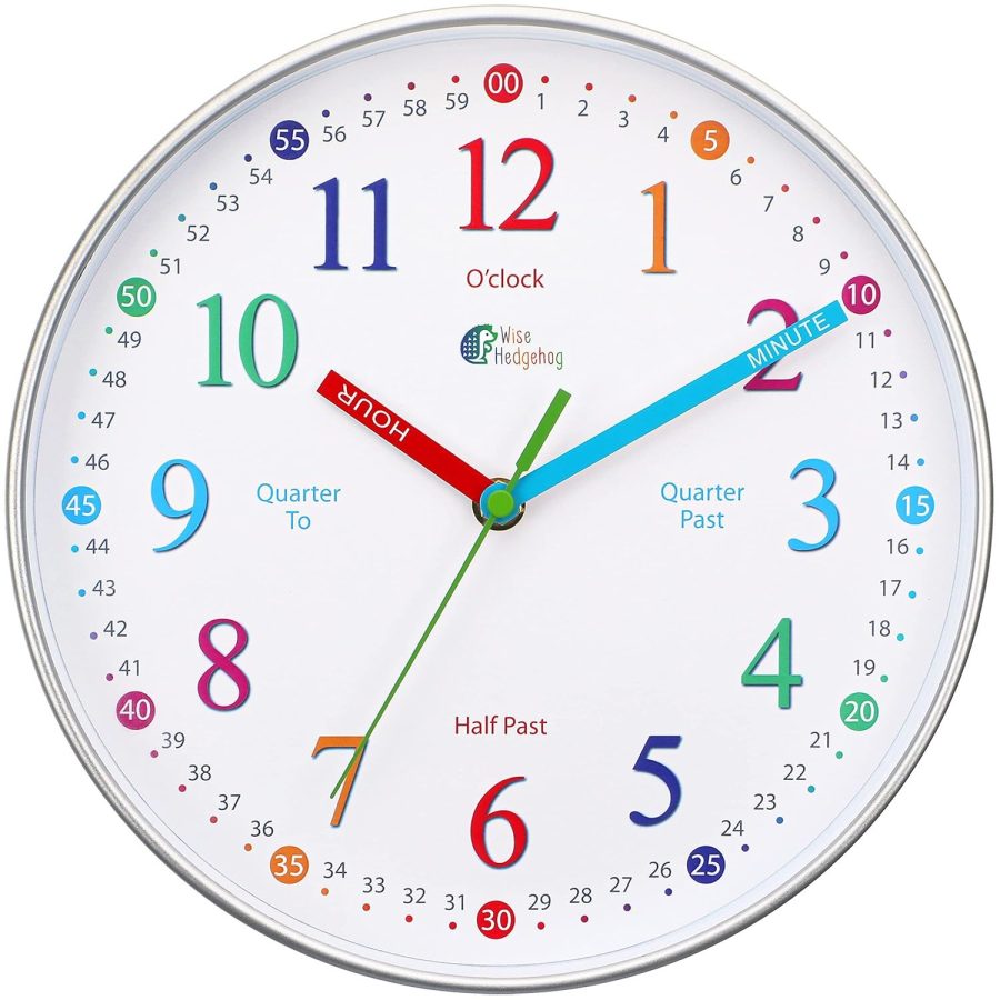 Telling Time Teaching Clock, 10 Inch Silent Non Ticking, Battery Operated, Analo