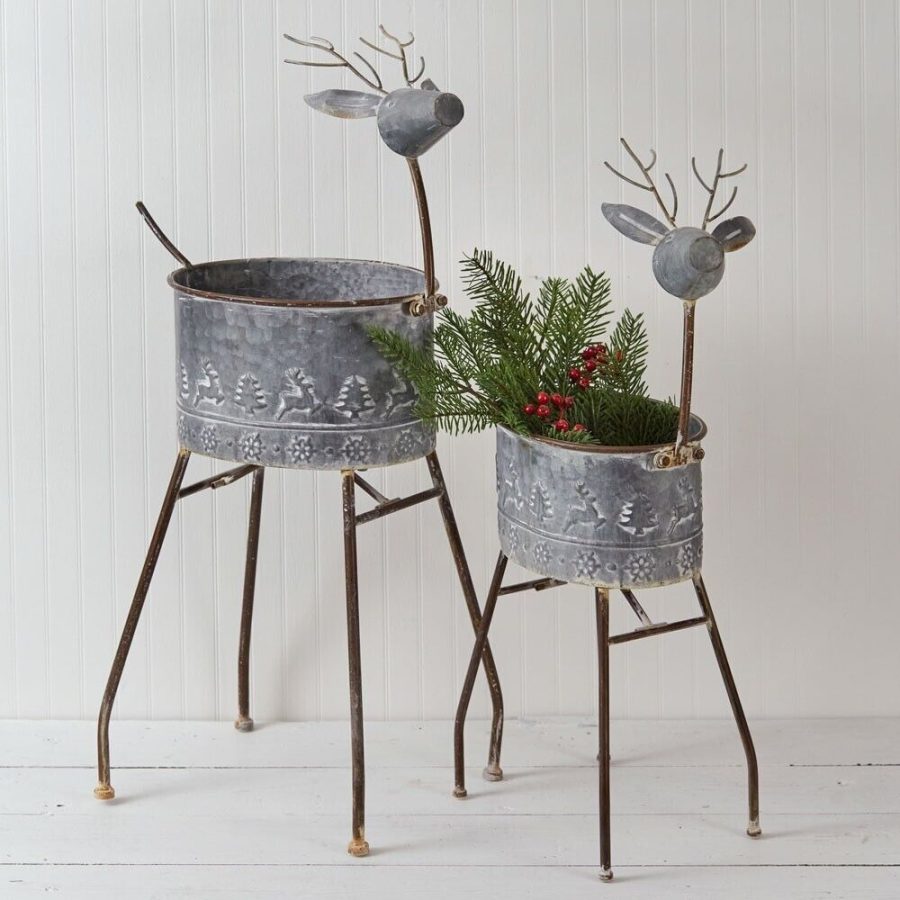 Two embossed Metal Reindeer Planters