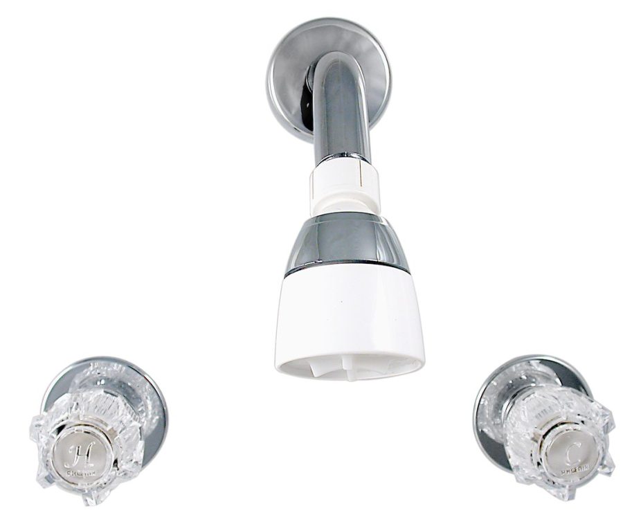 VALTERRA PF214315 SHW 8 MTL CH 2H BR, 2 Valve; Two Piece Wall Mount; Brass Compression Valve; 8 Inch Center Distance; 2 Hole Application; 2 Clear Crystal Acrylic Knob Handle; Polished Chrome Plated; Brass Underbody; With Shower Head/ Arm/ Flange